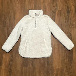 COZY SHERPA Quarter Zip White Pullover Sweater Jacket High Collar Soft Sz Small